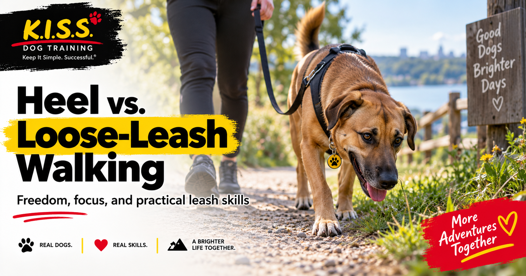 Dog enjoying a relaxed loose-leash walk while sniffing outdoors, illustrating heel versus loose-leash walking.