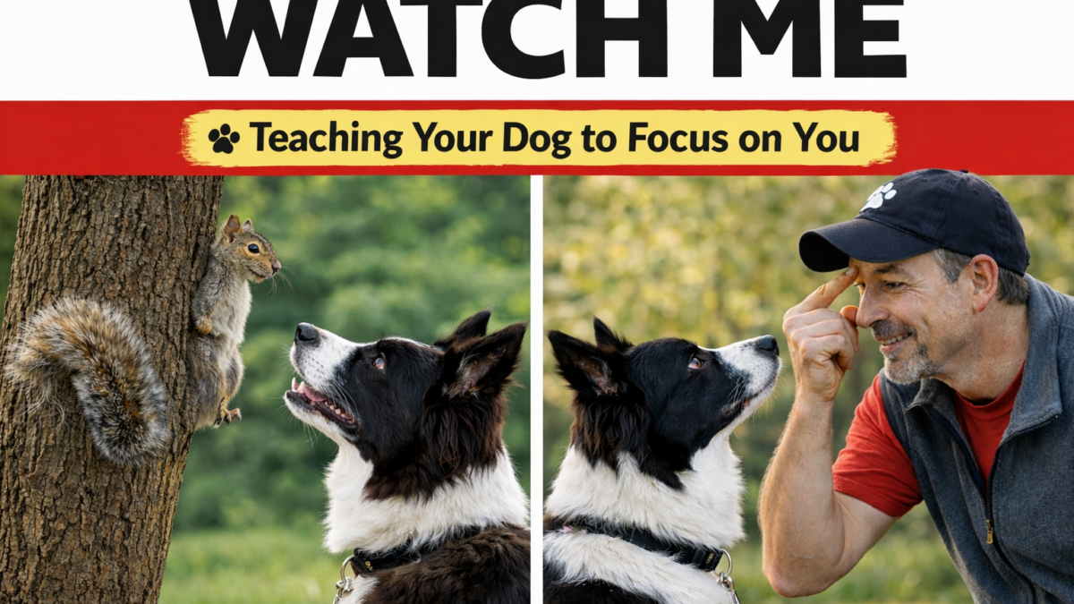 Watch Me dog training command showing a dog redirecting attention from a squirrel and making eye contact with its owner