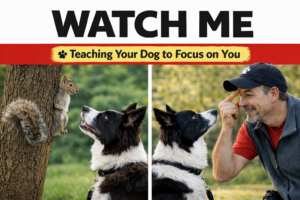 Watch Me dog training command showing a dog redirecting attention from a squirrel and making eye contact with its owner