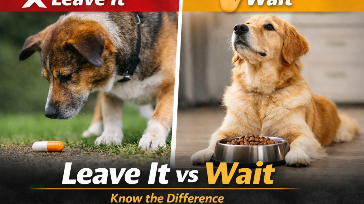 Dog training example showing Leave It vs Wait — dog ignoring a pill on the ground and another dog waiting for permission to eat from a bowl.