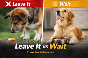 Dog training example showing Leave It vs Wait — dog ignoring a pill on the ground and another dog waiting for permission to eat from a bowl.