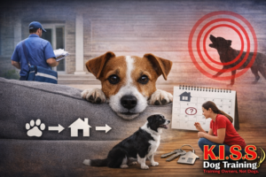 Dog watching a mailman outside while owner trains indoors, illustrating how dogs practice behaviors when home alone — KISS Dog Training Kansas City.