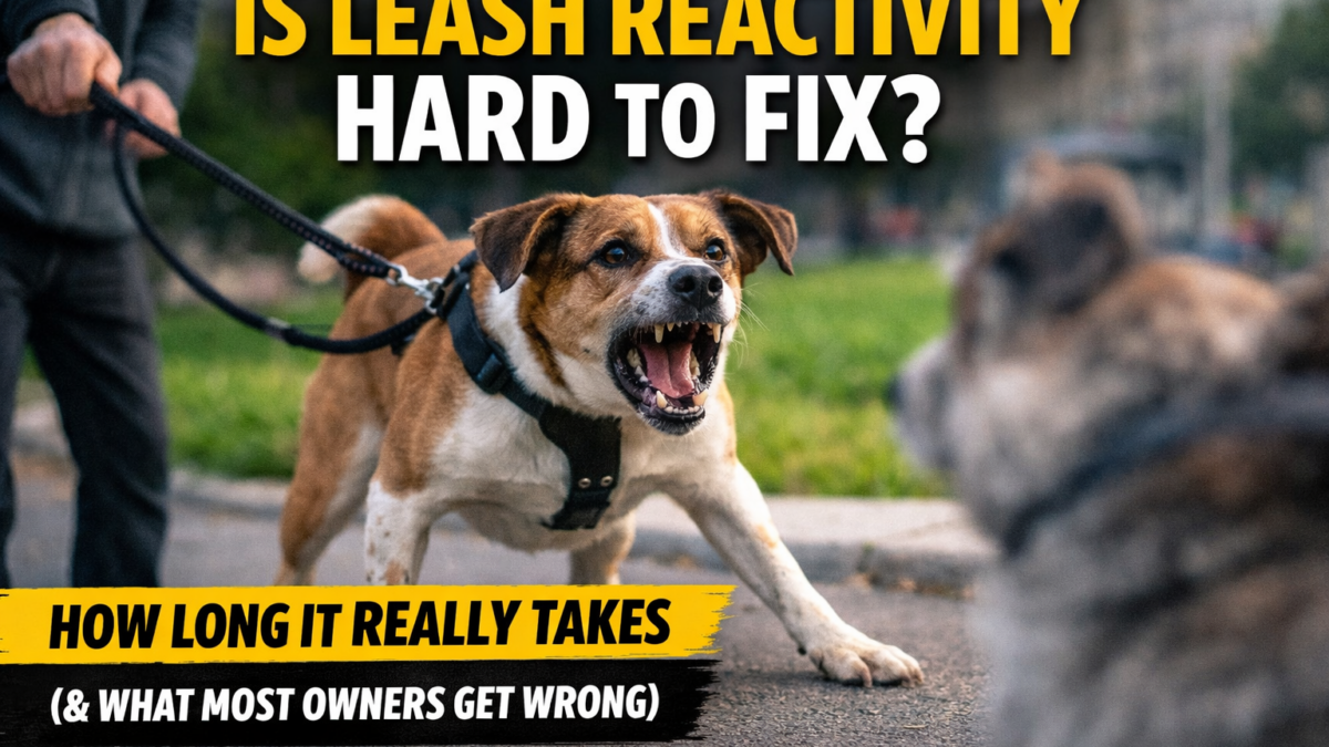 Reactive dog barking and lunging on leash at another dog during a walk, illustrating leash reactivity training and behavior challenges