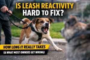 Reactive dog barking and lunging on leash at another dog during a walk, illustrating leash reactivity training and behavior challenges