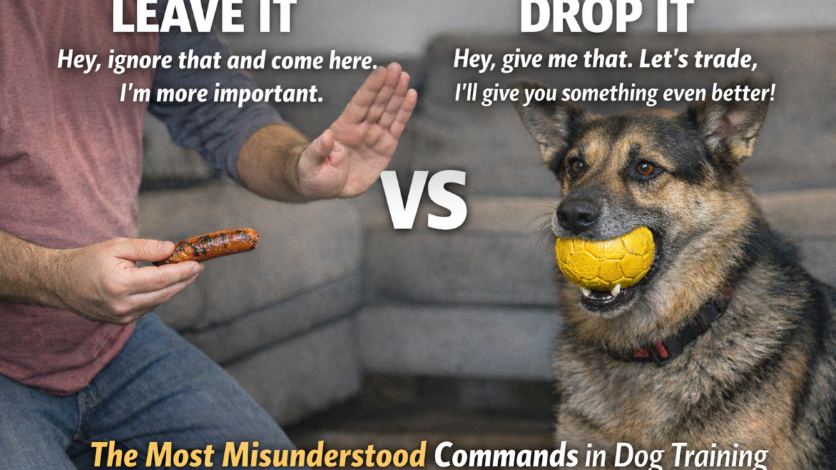 Split-screen image showing the difference between the “Leave It” and “Drop It” dog commands. On the left, a trainer uses a hand signal to redirect a dog away from a sausage treat (pre-mouth Leave It). On the right, a German Shepherd mix holds a yellow ball while awaiting a trade cue (post-mouth Drop It), illustrating the difference between ignoring an item and releasing a possessed object.