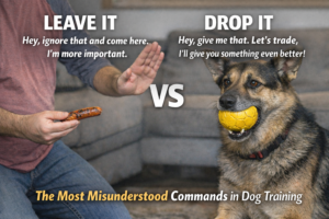 Split-screen image showing the difference between the “Leave It” and “Drop It” dog commands. On the left, a trainer uses a hand signal to redirect a dog away from a sausage treat (pre-mouth Leave It). On the right, a German Shepherd mix holds a yellow ball while awaiting a trade cue (post-mouth Drop It), illustrating the difference between ignoring an item and releasing a possessed object.