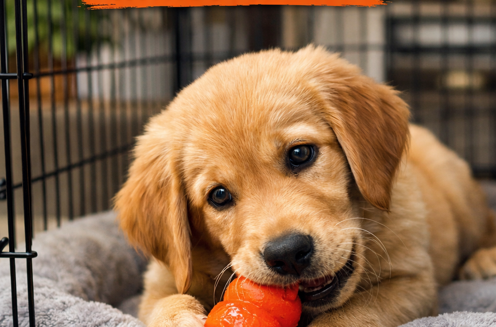 Puppy relaxing in a crate with a Kong toy during calm, structured crate training routine.