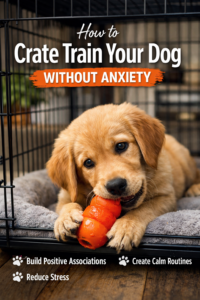 Puppy relaxing in a crate with a Kong toy during calm, structured crate training routine.