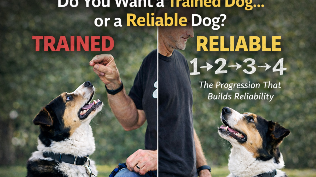 Split image comparing a trained dog focused on a visible treat versus a reliable dog responding without food, illustrating the 1-2-3-4 process that builds dog training reliability.