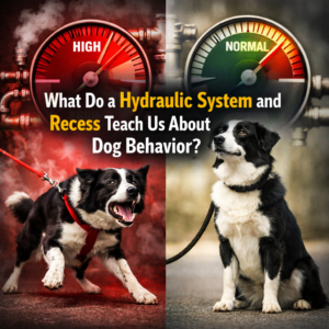 Side-by-side comparison of an overexcited dog pulling on leash with a high-pressure gauge and a calm dog sitting on a loose leash with a lowered gauge, representing how exercise improves dog behavior and reduces reactivity.