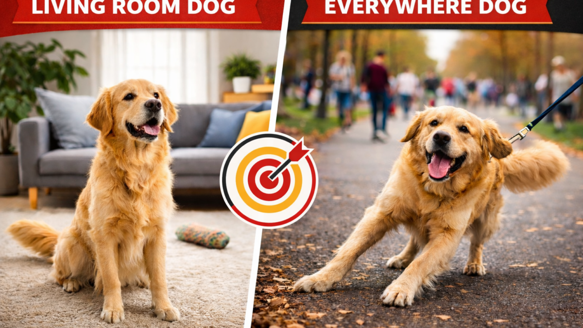 Golden retriever sitting calmly in a living room on one side and outside on a busy park path on the other, illustrating the “Living Room Dog” vs. “Everywhere Dog” concept in dog training.