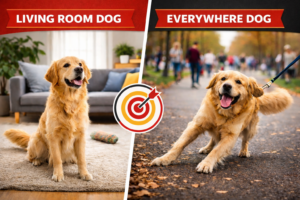 Golden retriever sitting calmly in a living room on one side and outside on a busy park path on the other, illustrating the “Living Room Dog” vs. “Everywhere Dog” concept in dog training.