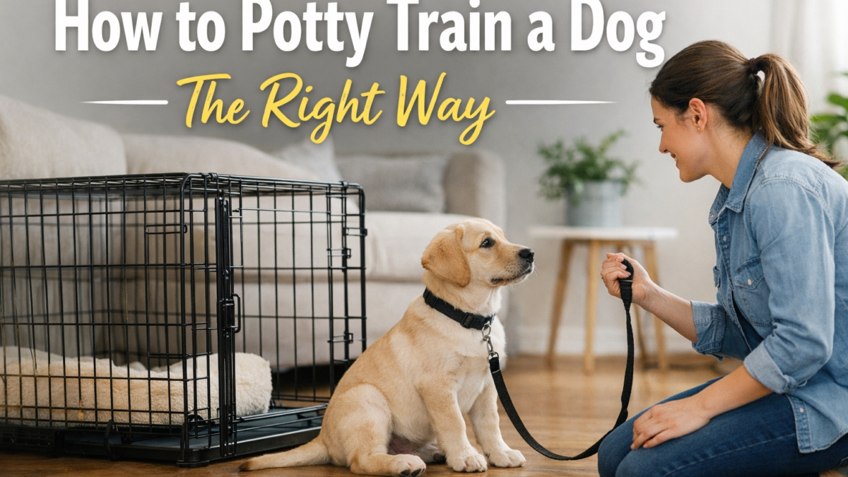 Puppy sitting calmly beside crate while owner holds leash during structured potty training session