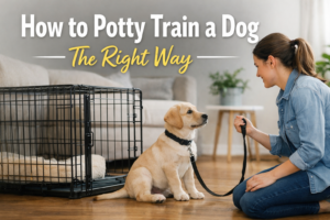 Puppy sitting calmly beside crate while owner holds leash during structured potty training session