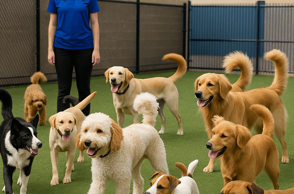 Doggy daycare in Shawnee with employee supervising a small playgroup of 9 dogs – safe socialization and Shawnee dog training