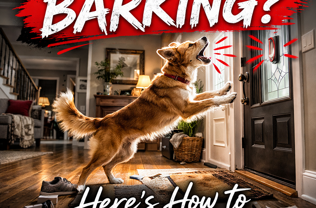 Dog barking at the front door inside a residential home, illustrating a common doorbell barking issue addressed through structured training.