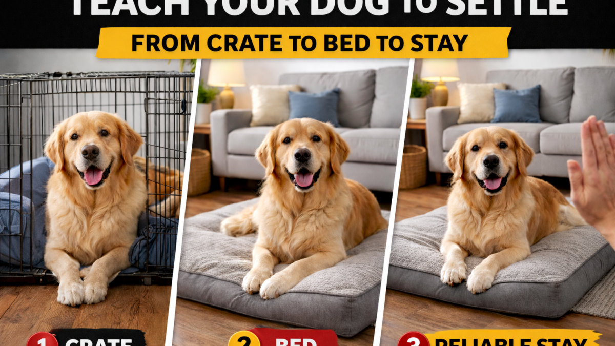 Dog training process showing how to teach a dog to settle from crate training to a bed and reliable stay in the home.