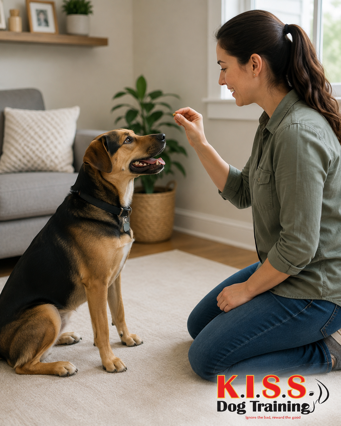 Woman using a treat to reward a seated dog during positive reinforcement training at home, with K.I.S.S. Dog Training branding and the tagline “Ignore the bad, reward the good.”